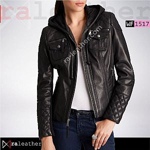 Jaket Kulit Wanita WF1517 Hoodie