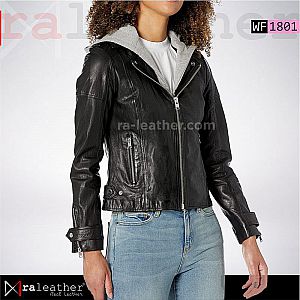 Jaket Kulit Wanita WF1801 Hoodie