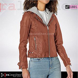 Jaket Kulit Wanita WF1801 Hoodie