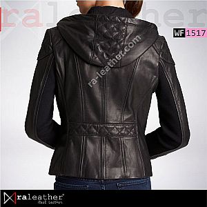 Jaket Kulit Wanita WF1517 Hoodie