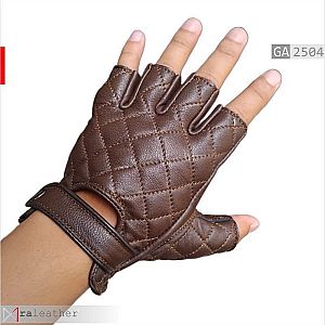 Sarung Tangan Kulit Half-Finger Cokelat Detail Quilted GA2504 