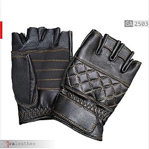 Sarung Tangan Kulit Premium Half-Finger Hitam Detail Quilted GA2503