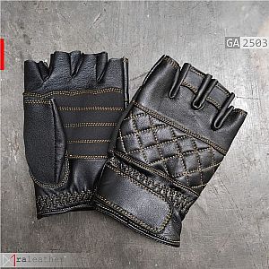 Sarung Tangan Kulit Premium Half-Finger Hitam Detail Quilted GA2503