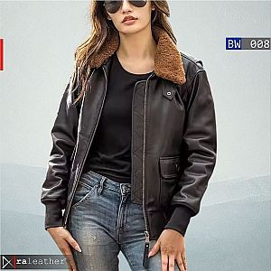 Jaket Kulit Wanita BW008 – Model Bomber Shearling, Vintage Stylish