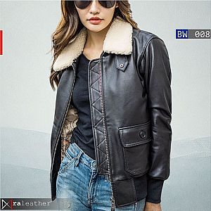 Jaket Kulit Wanita BW008 – Model Bomber Shearling, Vintage Stylish