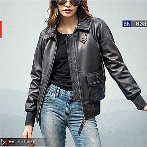 Jaket Kulit Wanita BW008 – Model Bomber Shearling, Vintage Stylish