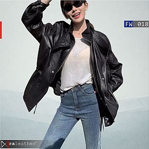 Jaket Kulit Wanita FW018 – Model Trench Elegan dengan Serut Pinggang