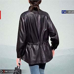 Jaket Kulit Wanita FW018 – Model Trench Elegan dengan Serut Pinggang