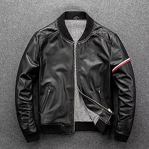 Jaket Kulit Bomber Pria Custom Hitam Strip Merah Putih, Logo & Tag Name